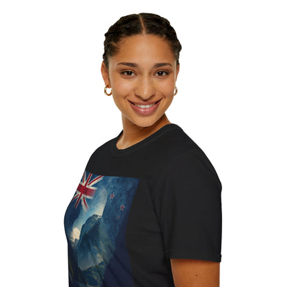 New Zealand Flag Mountain T-Shirt Cinematic Landscape Soccer Graphic Tee