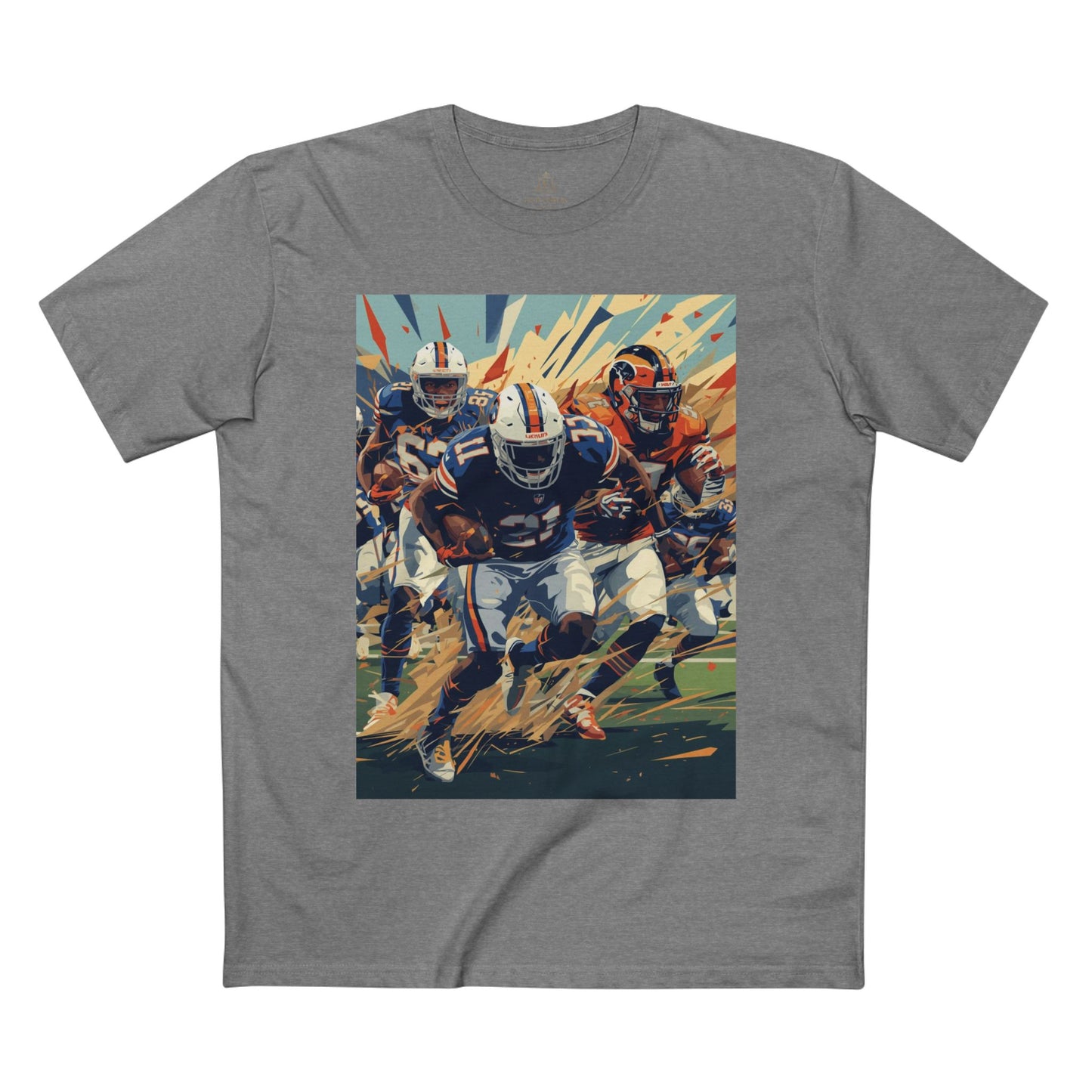 Gray t-shirt with a graphic of football players on a white background