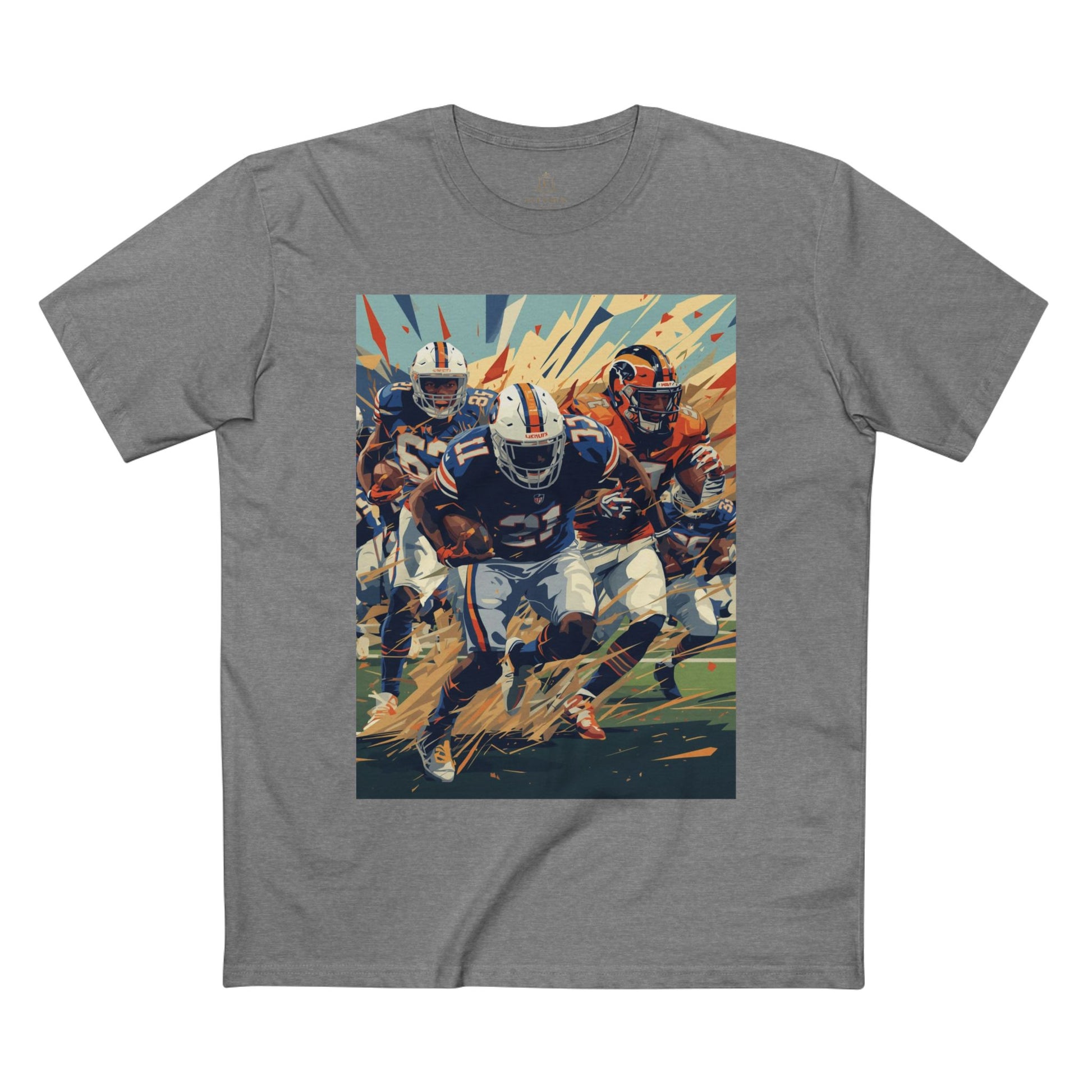 Gray t-shirt with a graphic of football players on a white background