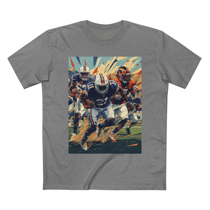 Gray t-shirt with a graphic of football players on a white background