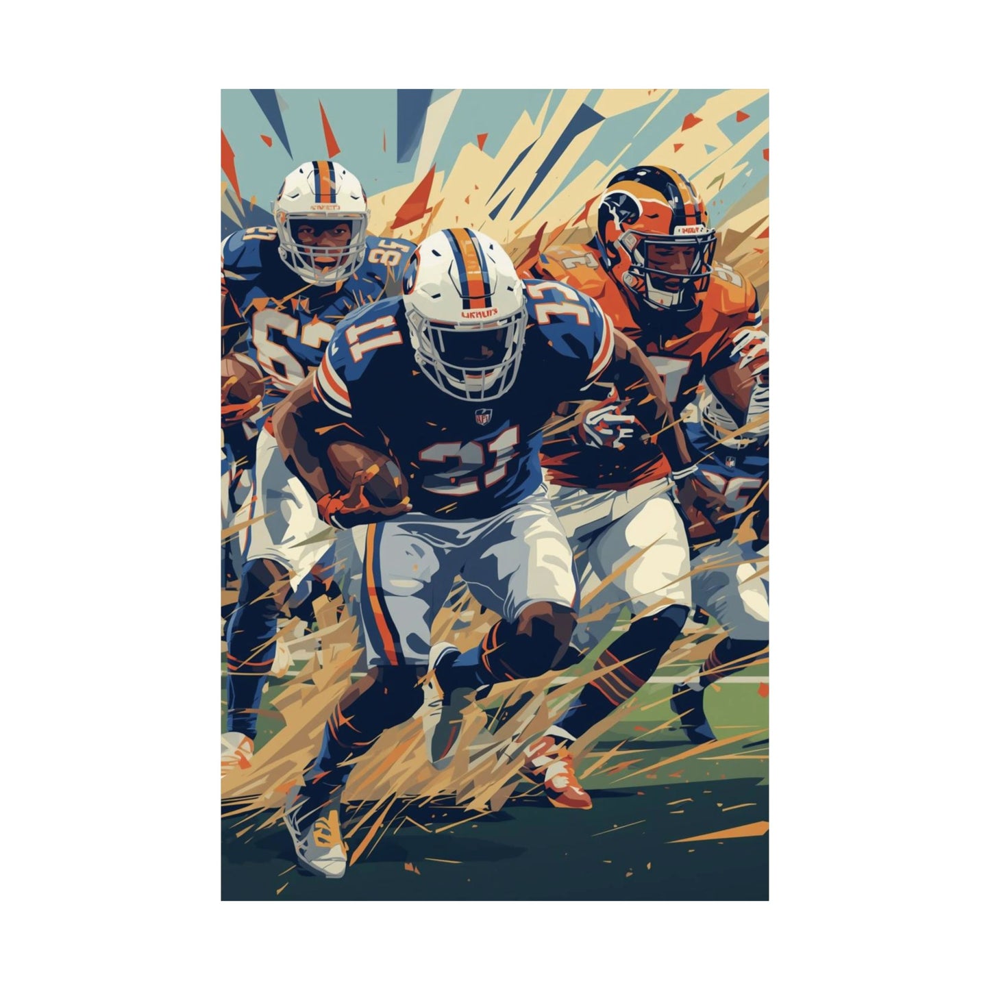 Artistic depiction of football players in action with dynamic background