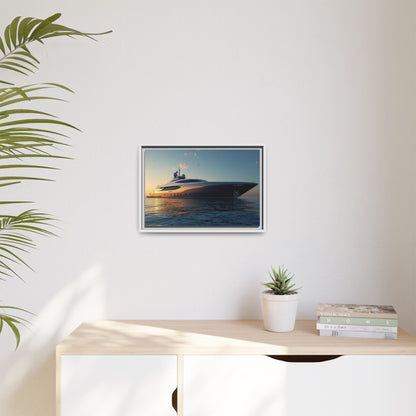 Framed artwork of a yacht on a wall above a desk with a plant and books.