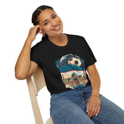Uzbekistan Football Pride T-shirt Historic Madrasa and Vintage Soccer Ball Tee