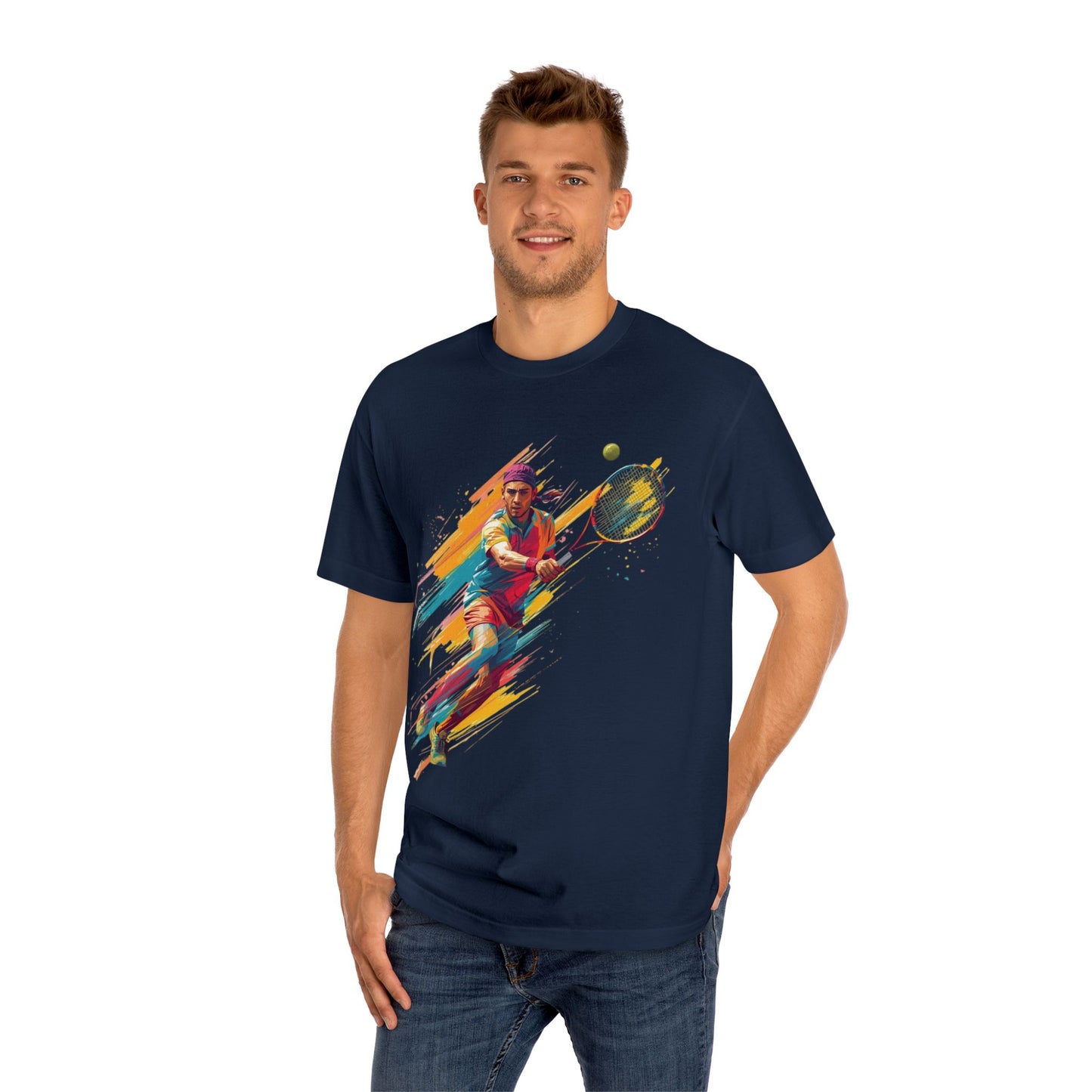 Tennis Player Graphic Tee — Colorful Action Racquet Design Shirt