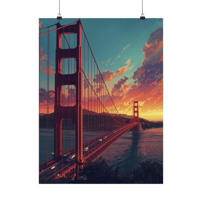 Poster of the Golden Gate Bridge at sunset with a colorful sky.