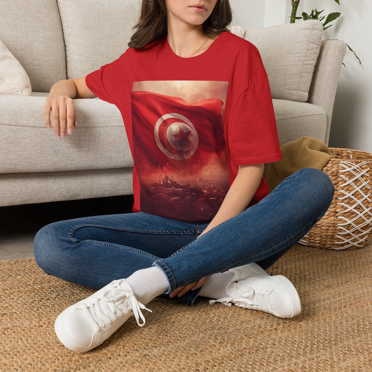 Tunisian Pride Football T-Shirt Cityscape & Waving Flag with Crescent Soccer Ball Tee