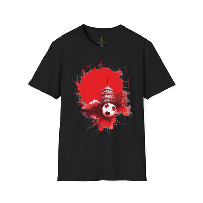 Japan Football T-Shirt with Rising Sun Splatter and Pagoda Design Tee