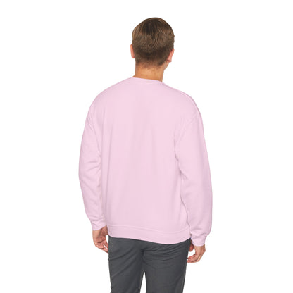 Back side of a man wearing a light pink sweatshirt on a white background