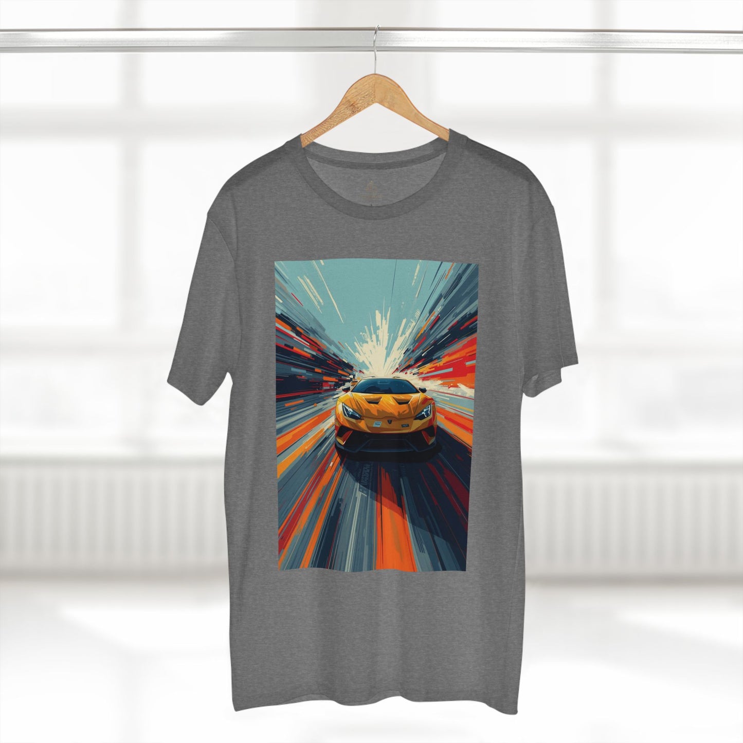 Gray t-shirt with a colorful car graphic on a hanger against a white background