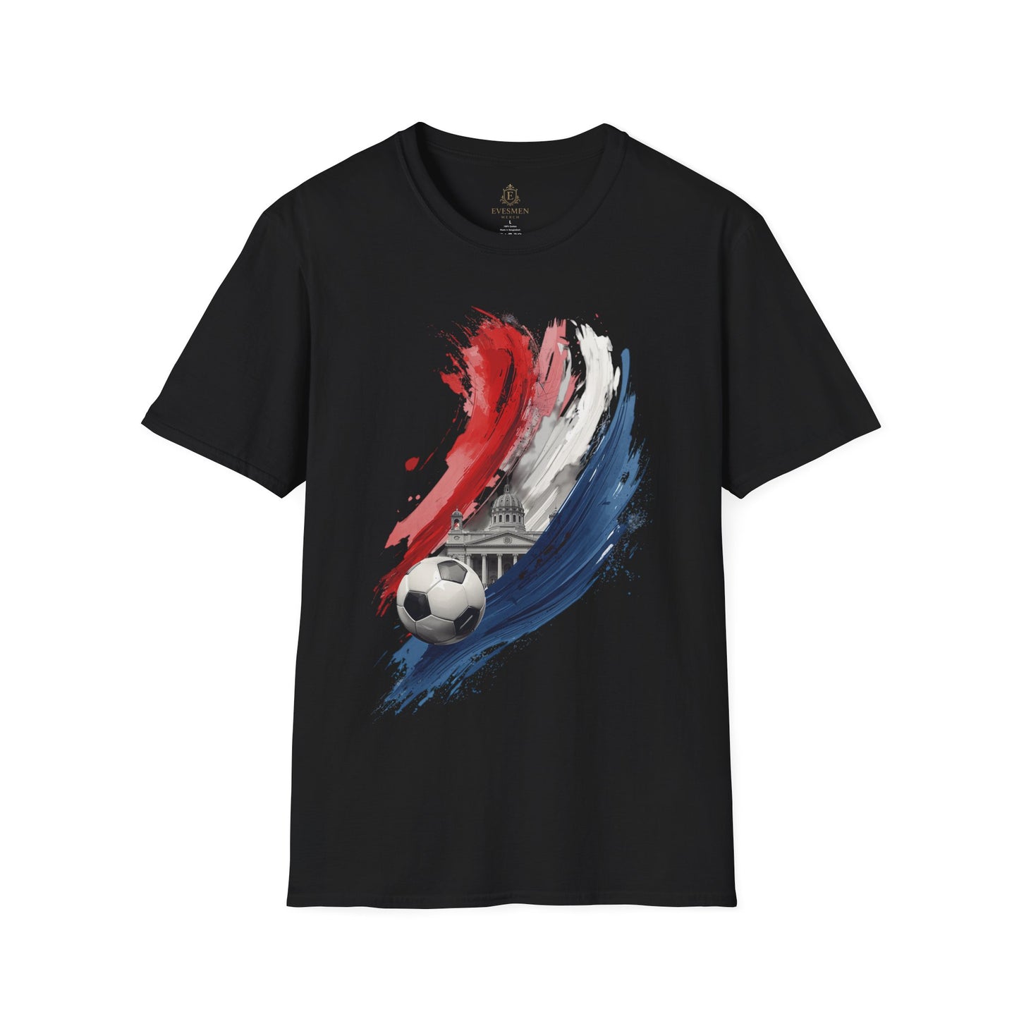 Black t-shirt with a soccer ball and colorful design on a white background