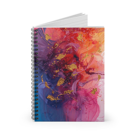 Spiral-bound notebook with a colorful abstract design on a white background