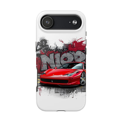 Phone case with a red sports car design on a white background