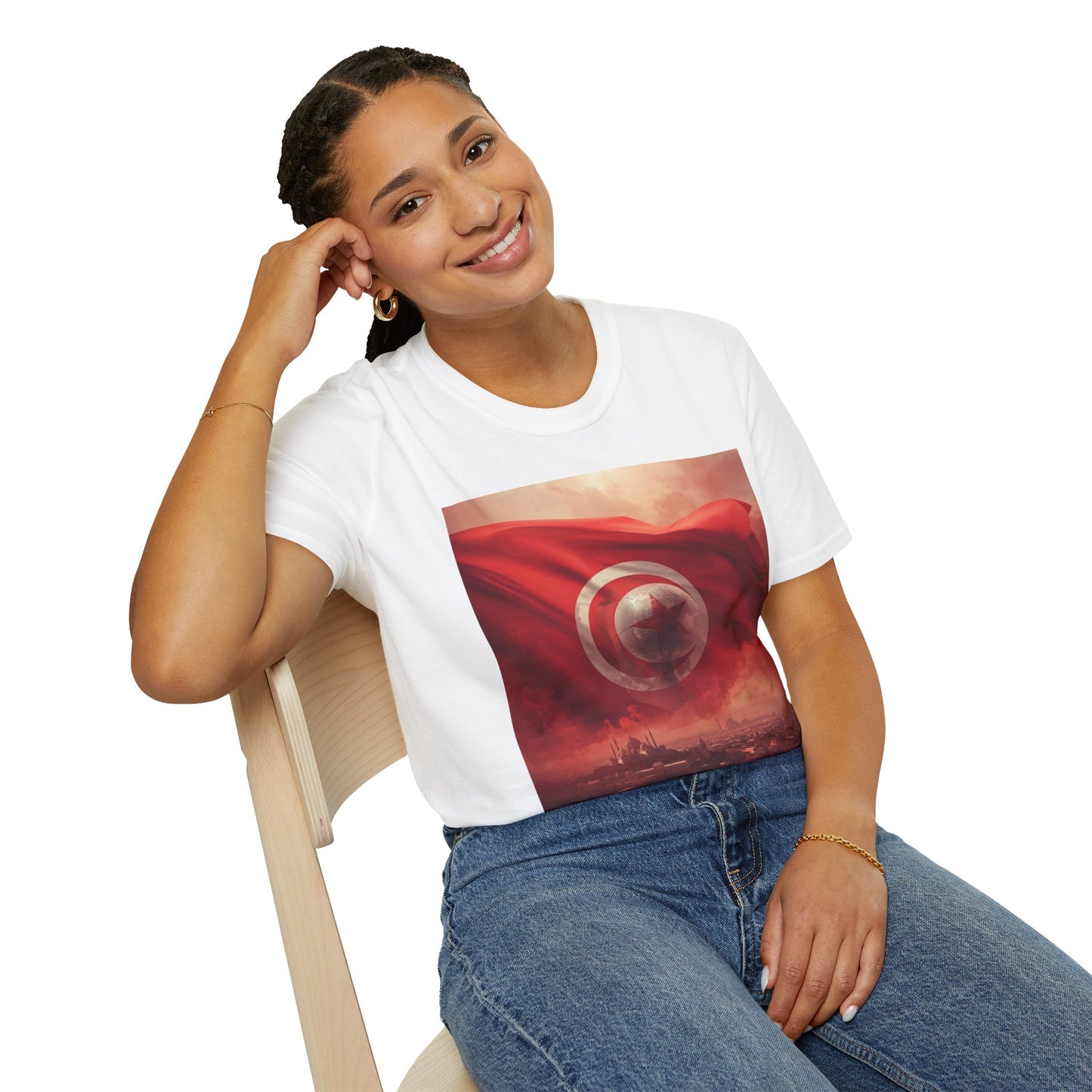 Tunisian Pride Football T-Shirt Cityscape & Waving Flag with Crescent Soccer Ball Tee