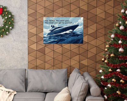 Decorative wall art with a boat on a geometric-patterned wall above a gray sofa.