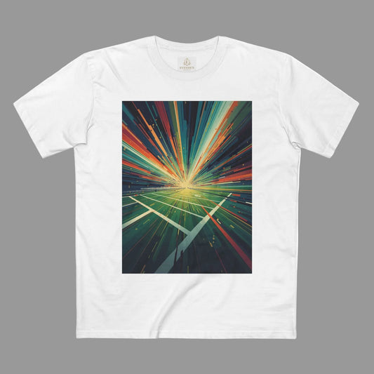 White t-shirt with a colorful abstract design on a gray background