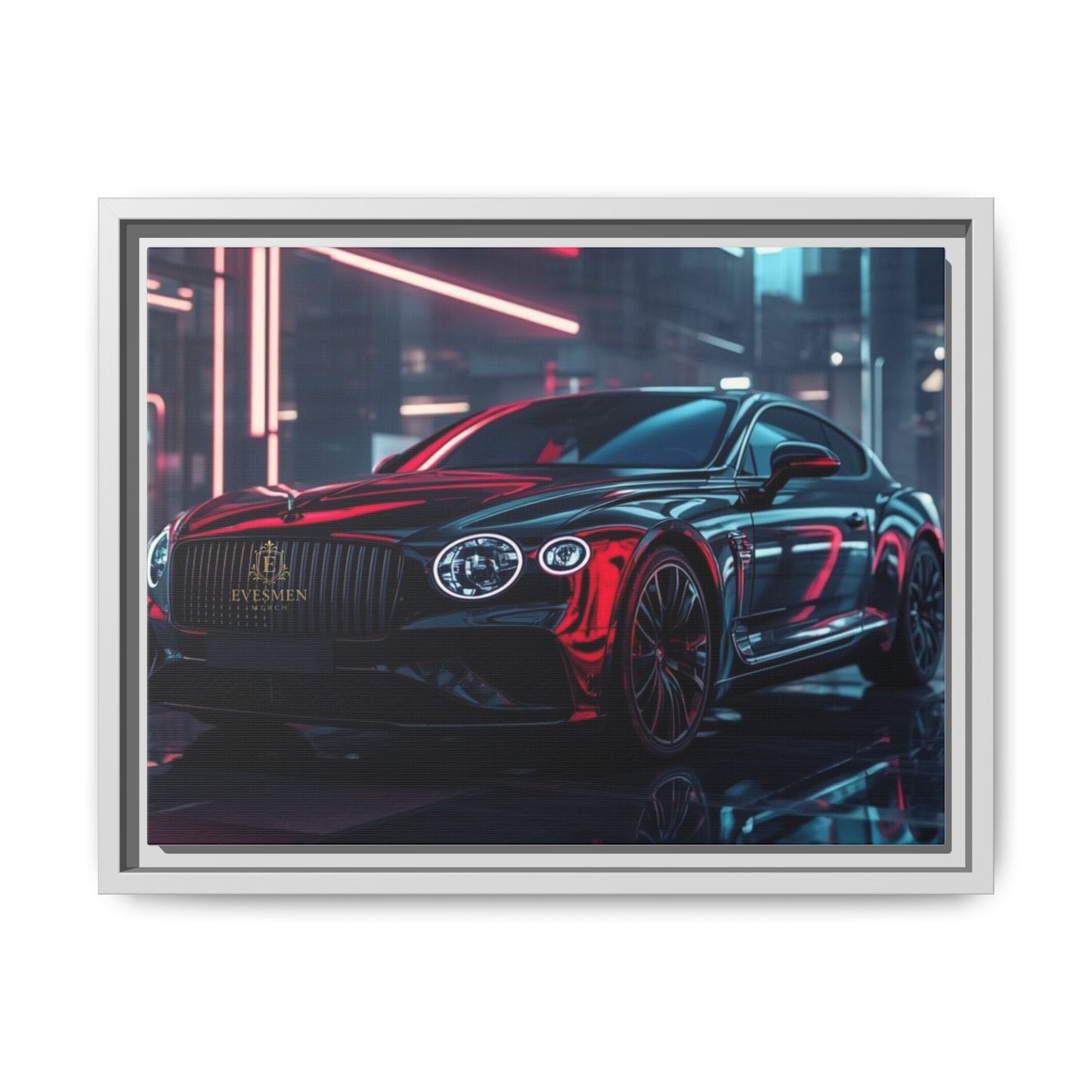 Framed Matte Canvas Print — Red Luxury Sports Car Neon City Wall Art