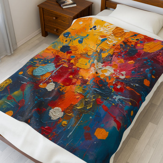 Colorful abstract art blanket on a bed in a bedroom setting