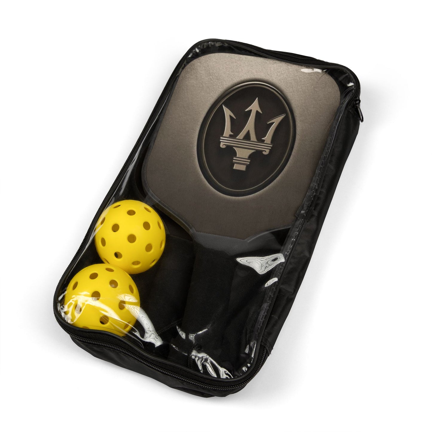 Black case with gray interior containing a pickleball paddle and two yellow pickleballs, featuring a logo on the case.
