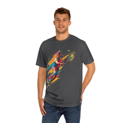 Tennis Player Graphic Tee — Colorful Action Racquet Design Shirt