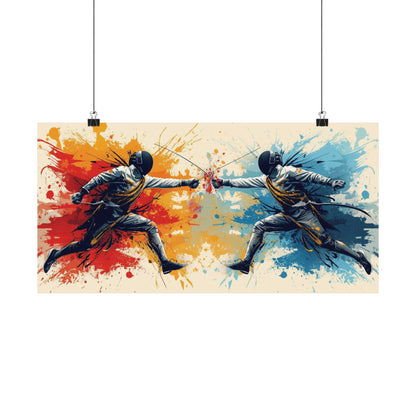 Artistic depiction of two fencers with colorful splashes on a white background