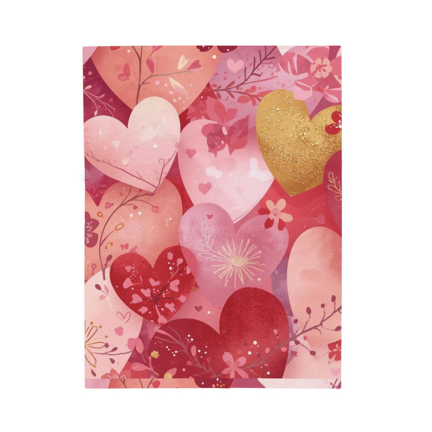 Valentine Heart Plush Blanket – Soft Pink & Gold Heart Pattern Velveteen Throw
