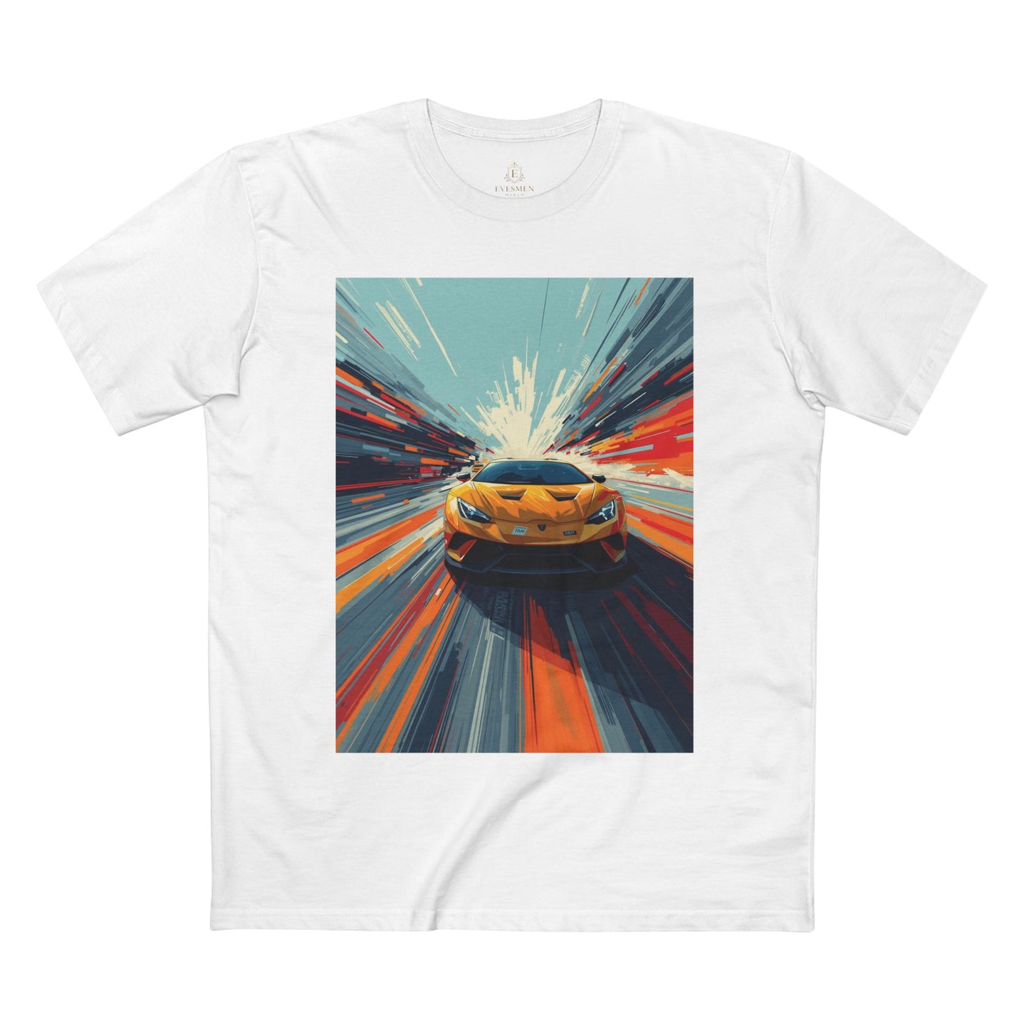 White t-shirt with a graphic of a yellow car on a white background