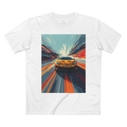 White t-shirt with a graphic of a yellow car on a white background