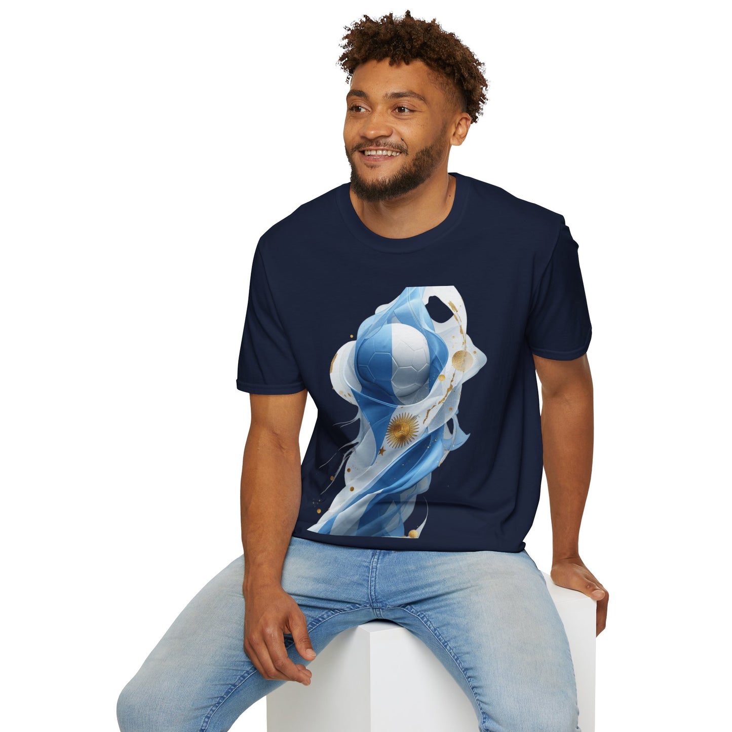 Dynamic Argentina Soccer Match Day T-Shirt — Modern Fluid Art Graphic Tee