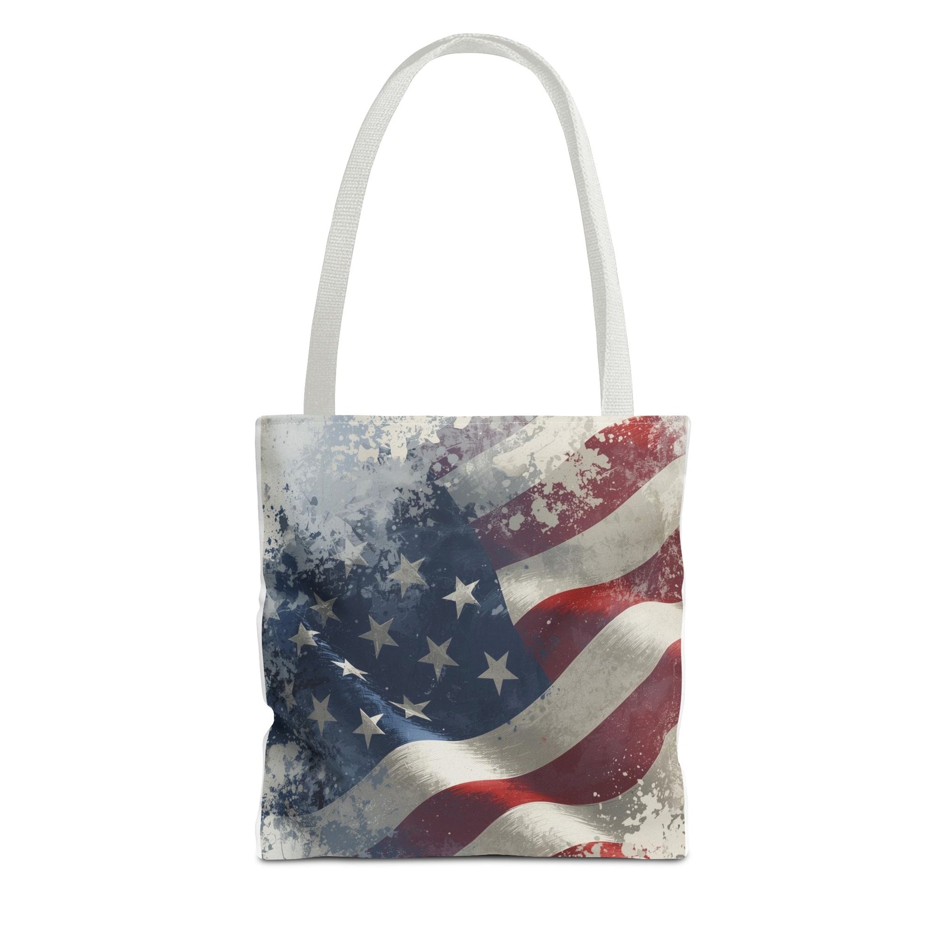 Tote bag with American flag design on a white background