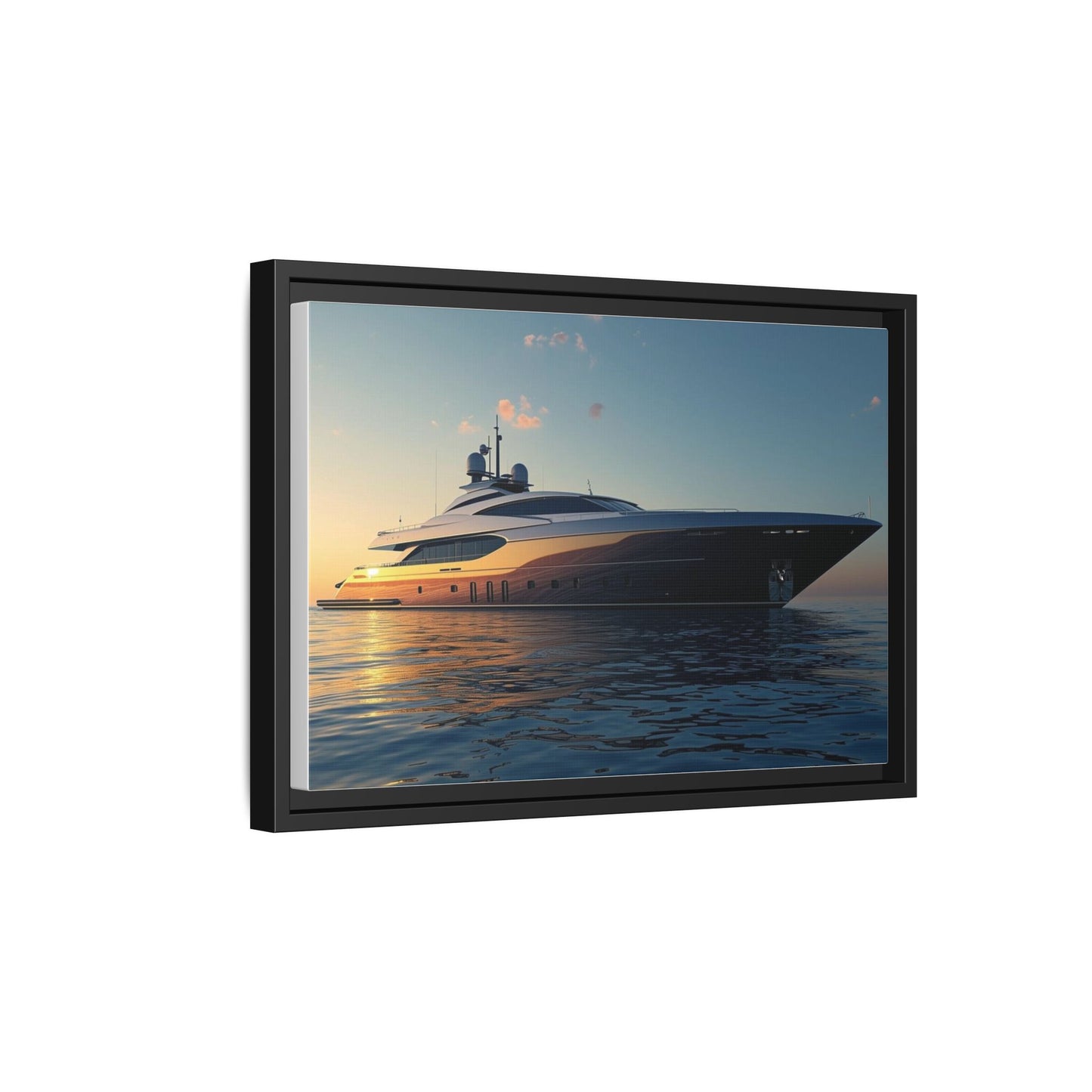 Framed picture of a yacht on water with a sunset background
