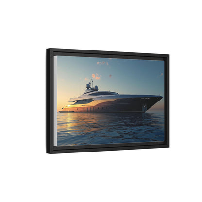 Framed picture of a yacht on water with a sunset background