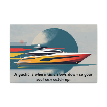 Canvas wall art of a yacht with a motivational quote on a gray background