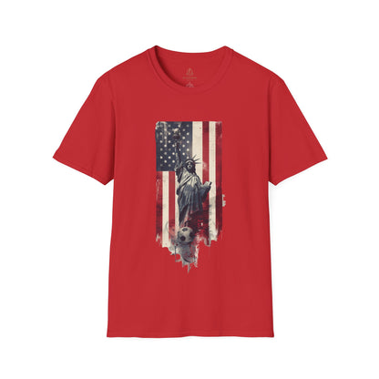 Statue of Liberty American Flag Soccer T-Shirt — Patriotic USA Graphic Tee