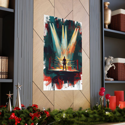 Abstract painting of a boxer in a ring on a wall with festive decorations below.