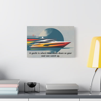Canvas wall art with a yacht design and text on a wall above a desk.