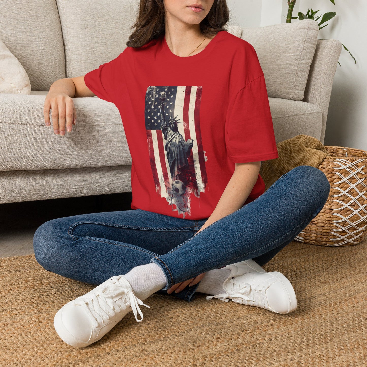 Statue of Liberty American Flag Soccer T-Shirt — Patriotic USA Graphic Tee
