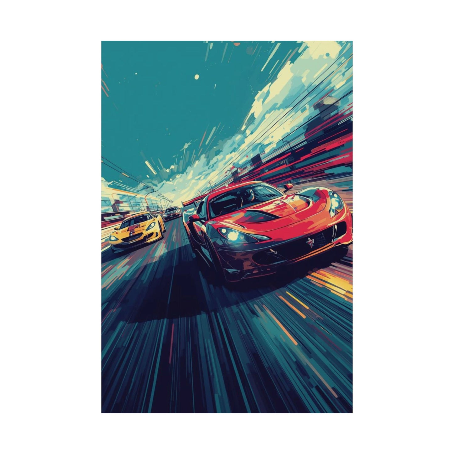 Two racing cars on a dynamic street scene with colorful abstract elements.