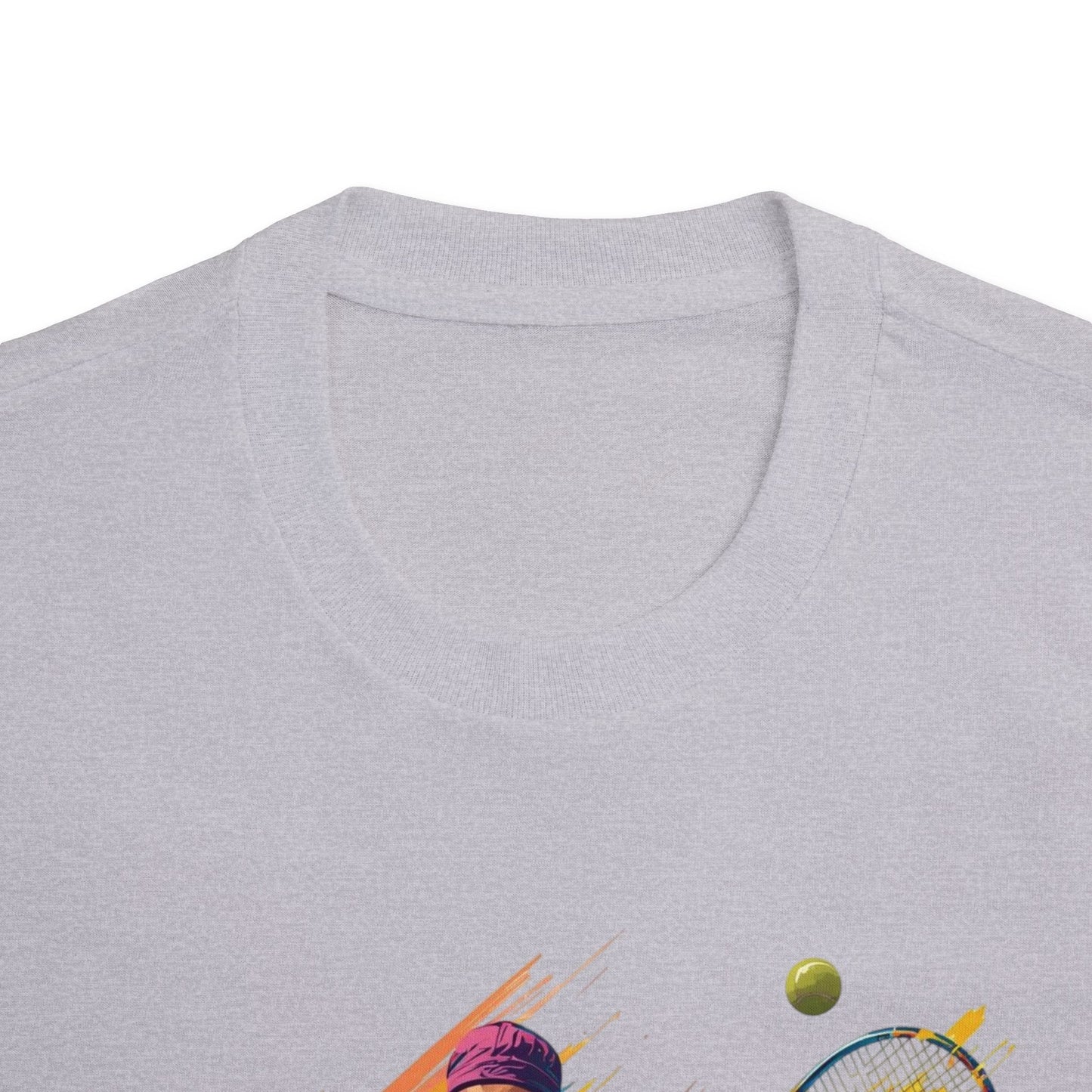 Tennis Player Graphic Tee — Colorful Action Racquet Design Shirt