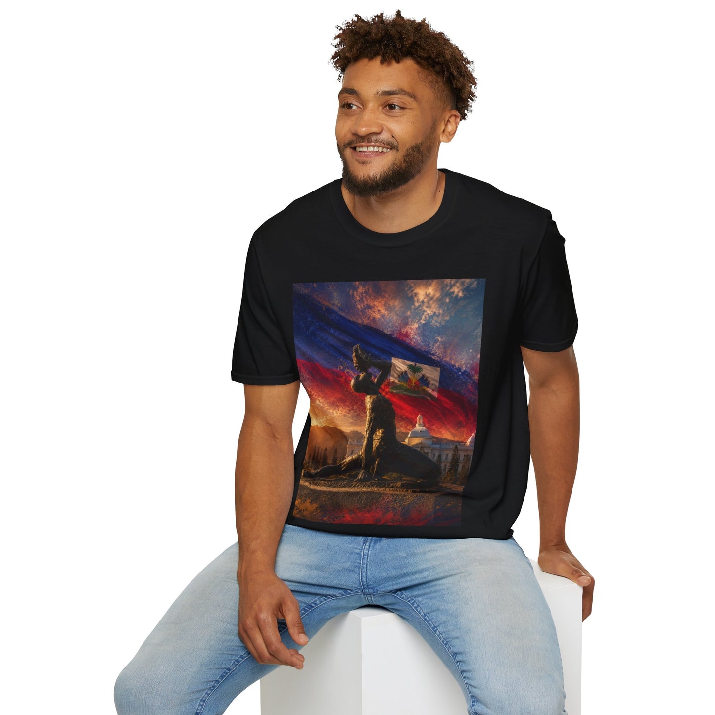 Haitian "Marron Inconnu" Sculpture T-Shirt — Spirit of Freedom & Flag Fan Tee