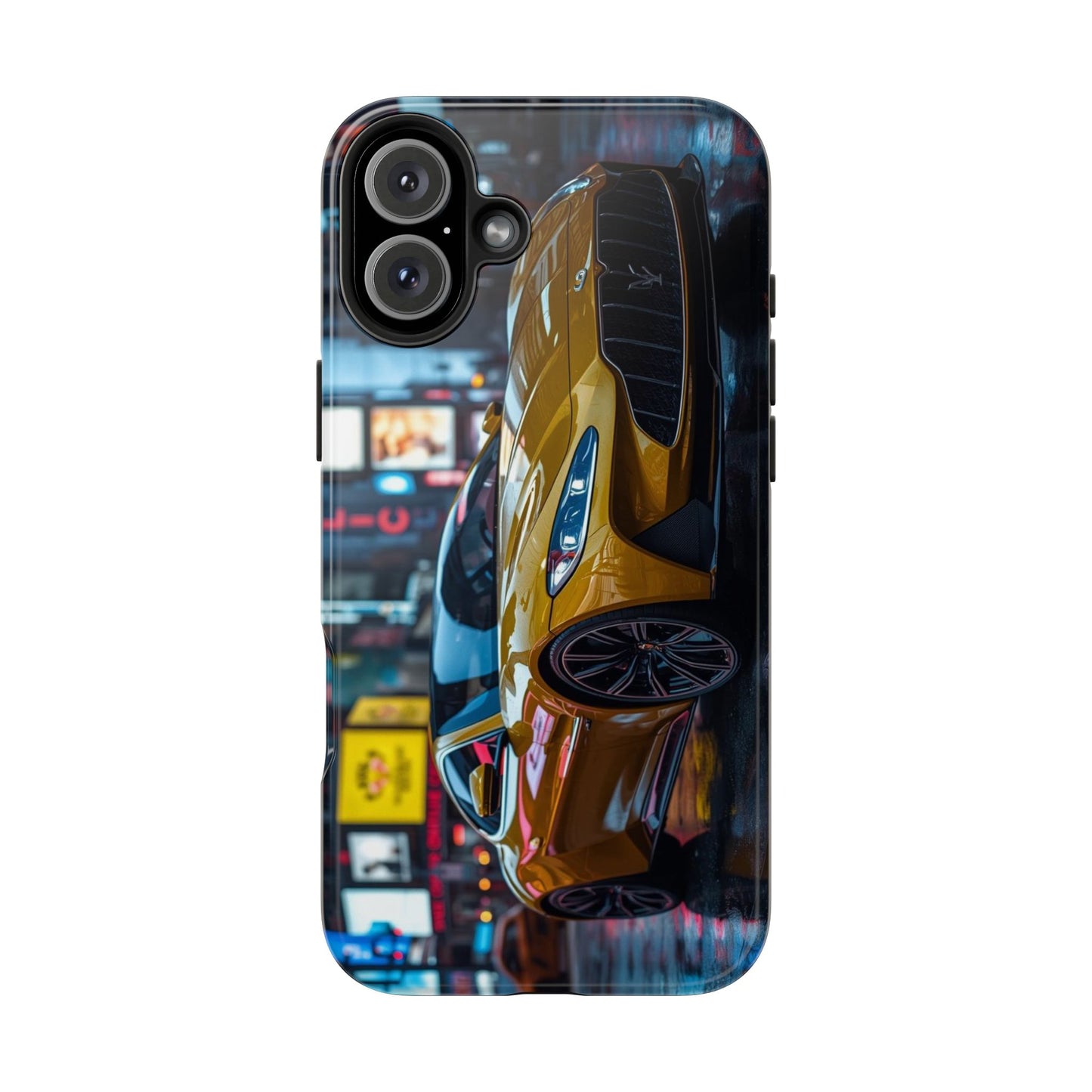 Phone case with a yellow car design on a city street background