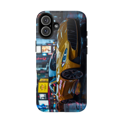 Phone case with a yellow car design on a city street background