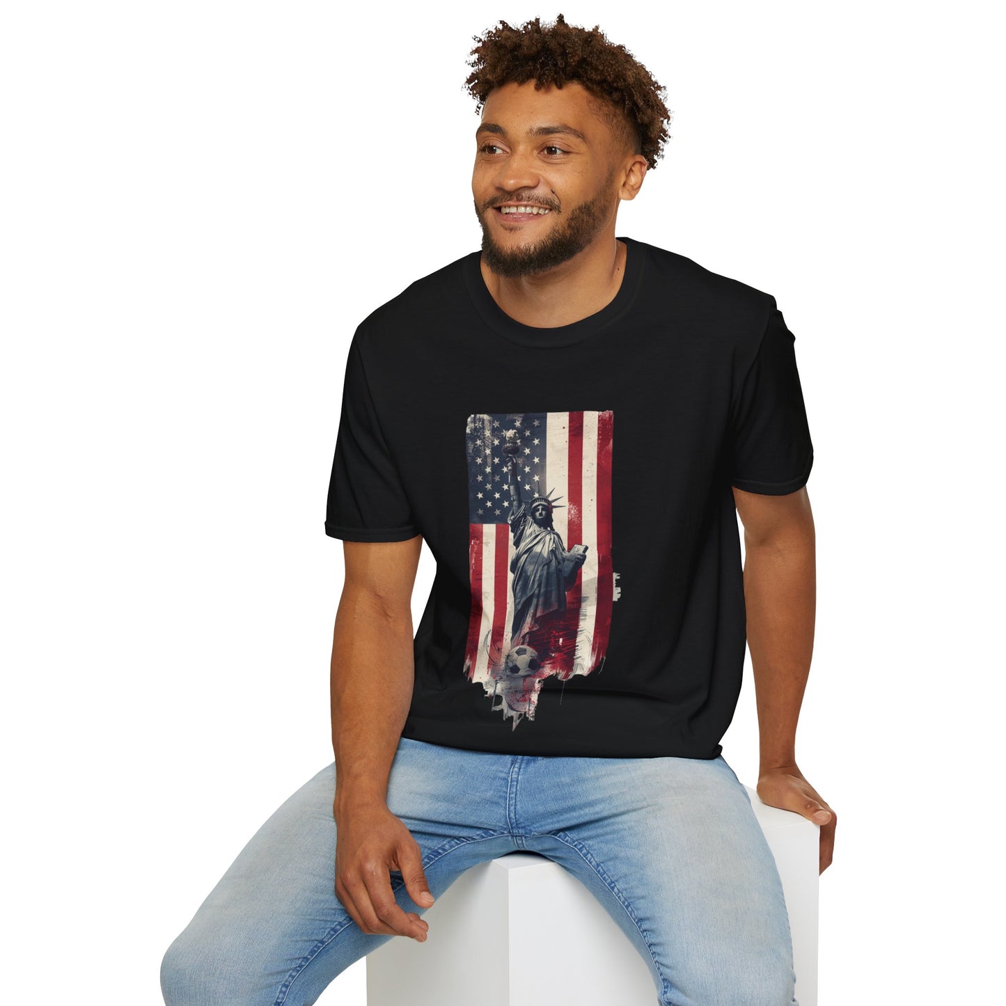 Statue of Liberty American Flag Soccer T-Shirt — Patriotic USA Graphic Tee