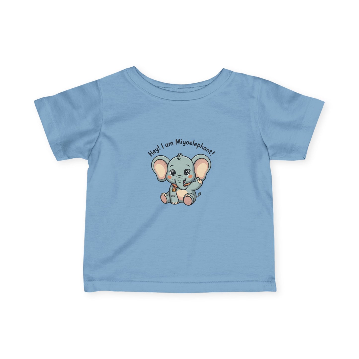 Light blue t-shirt with a cartoon elephant and text on a white background