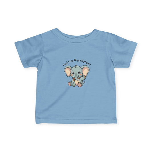 Light blue t-shirt with a cartoon elephant and text on a white background