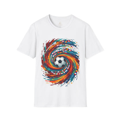 Soccer World Flags T-Shirt — Vibrant International Football Swirl