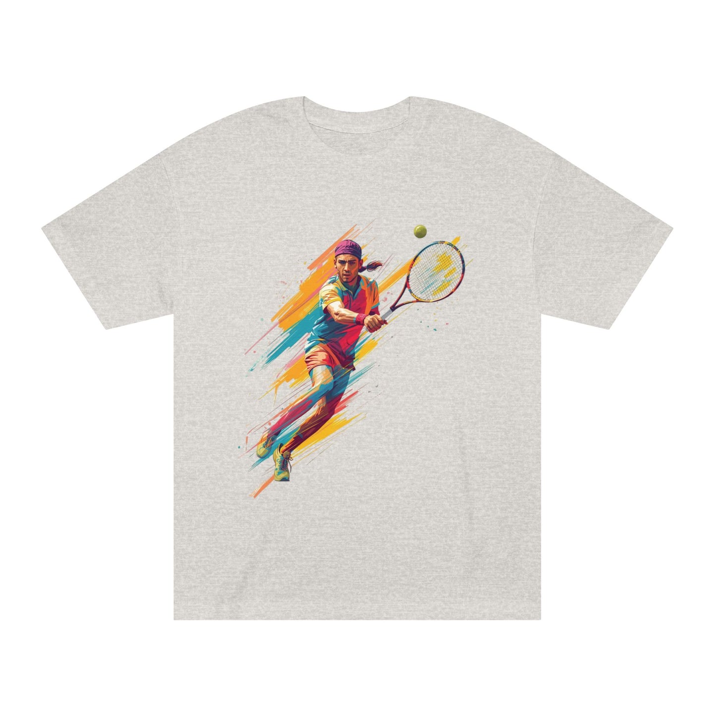 Tennis Player Graphic Tee — Colorful Action Racquet Design Shirt