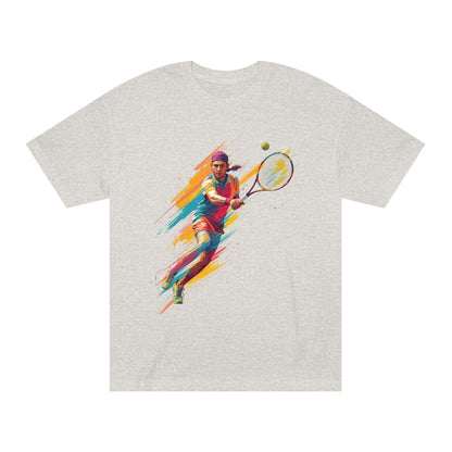 Tennis Player Graphic Tee — Colorful Action Racquet Design Shirt