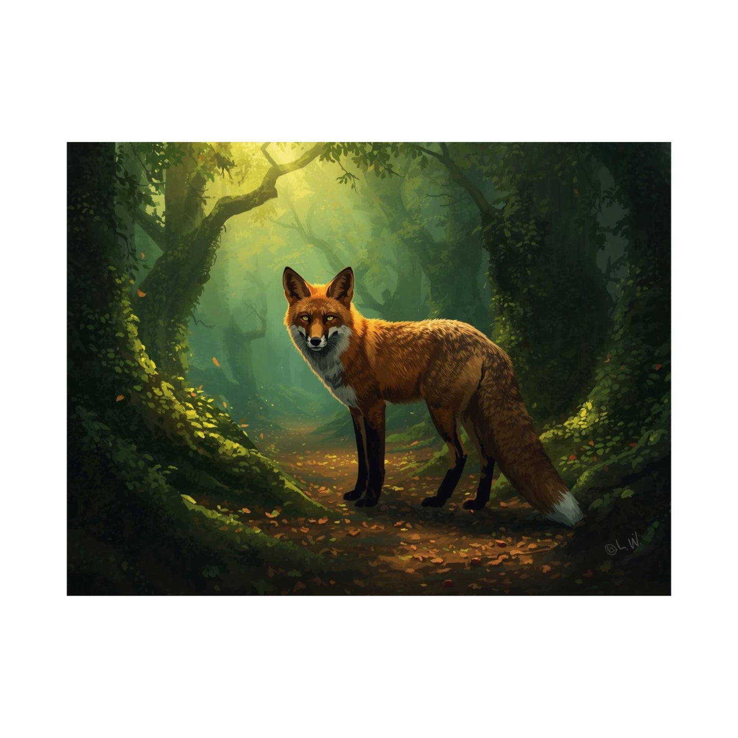 Fox in Enchanted Forest Wall Art Poster | Matte Horizontal Wildlife Print