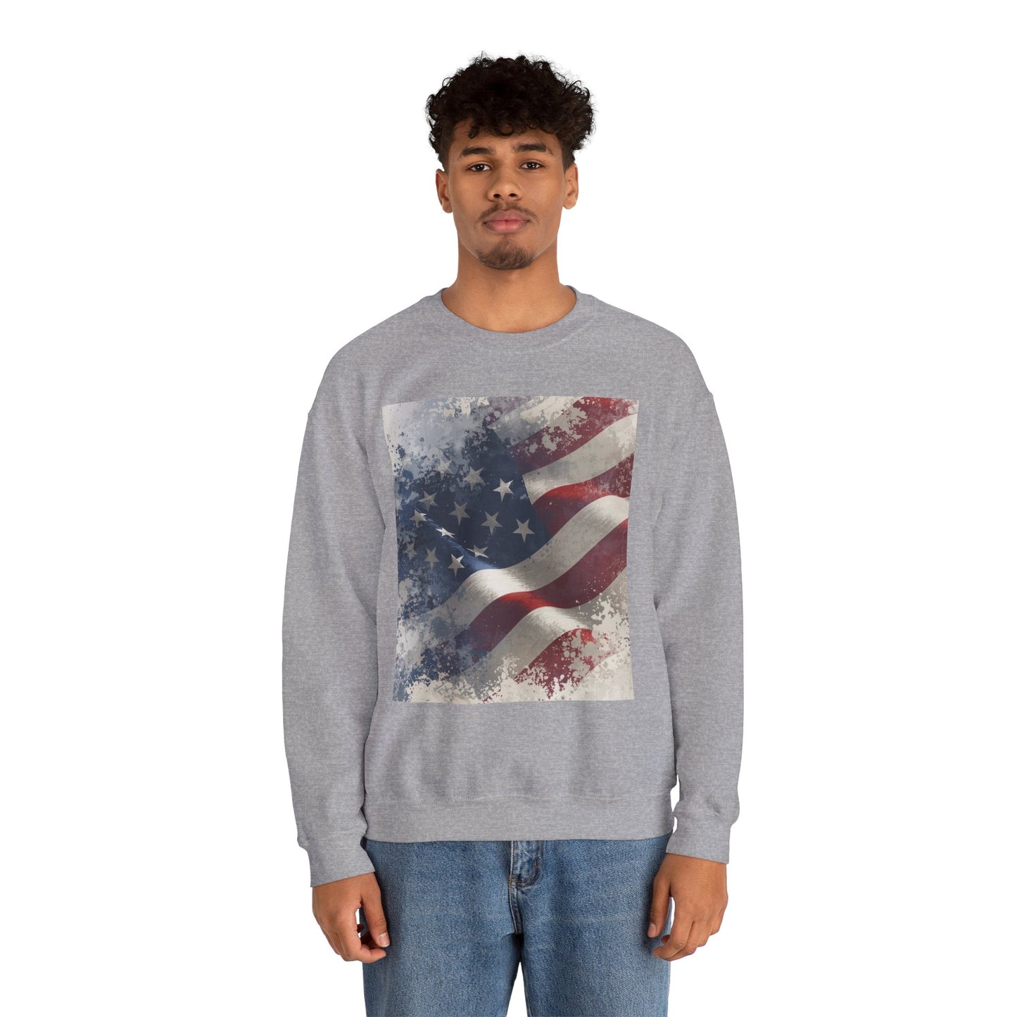 Man wearing a gray sweatshirt with a vintage American flag design on a white background
