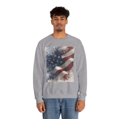 Man wearing a gray sweatshirt with a vintage American flag design on a white background